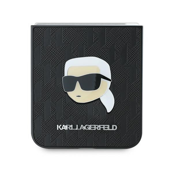 Husa pentru Samsung Galaxy Z Flip7 FE F761 / Z Flip6 F741, Karl Lagerfeld, Saffiano Monogram Karl's Head Metal, Neagra