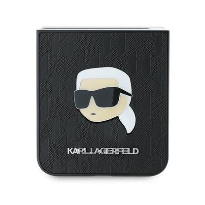 Husa pentru Samsung Galaxy Z Flip7 FE F761 / Z Flip6 F741, Karl Lagerfeld, Saffiano Monogram Karl's Head Metal, Neagra