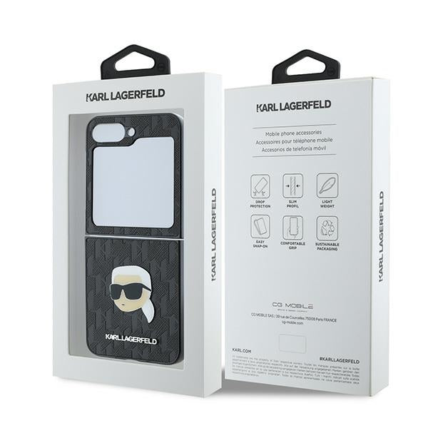 Husa pentru Samsung Galaxy Z Flip7 FE F761 / Z Flip6 F741, Karl Lagerfeld, Saffiano Monogram Karl's Head Metal, Neagra