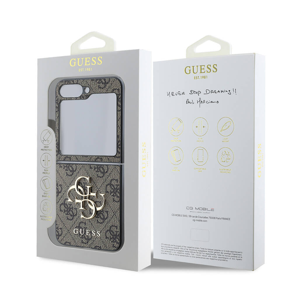 Husa pentru Samsung Galaxy Z Flip7 FE F761 / Z Flip6 F741, Guess, 4G Metal Logo, Maro