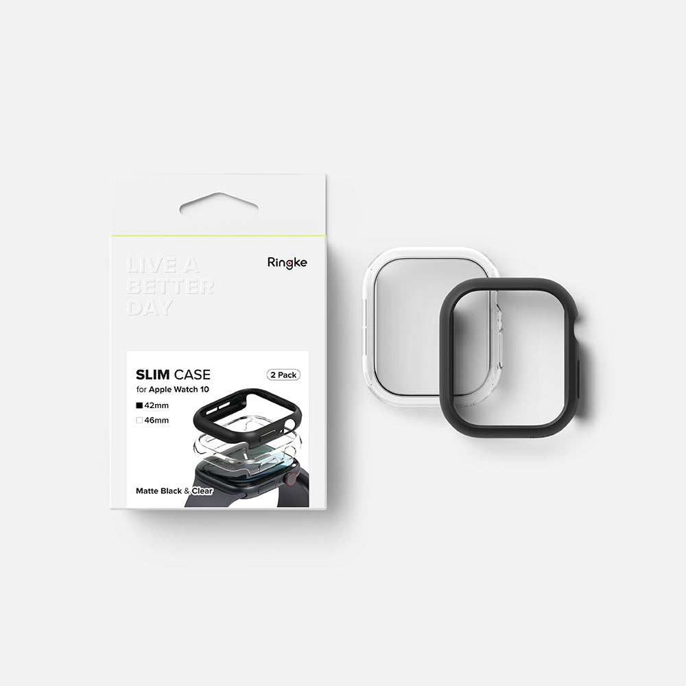 Husa Ringke Slim pentru Apple Watch Series 10 / 11 42mm, Set 2 bucati, Neagra Mata / Transparenta