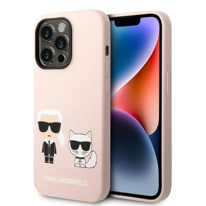 Husa MagSafe pentru Apple iPhone 14 Pro Max, Karl Lagerfeld, Silicone Body Karl & Choupette, Roz