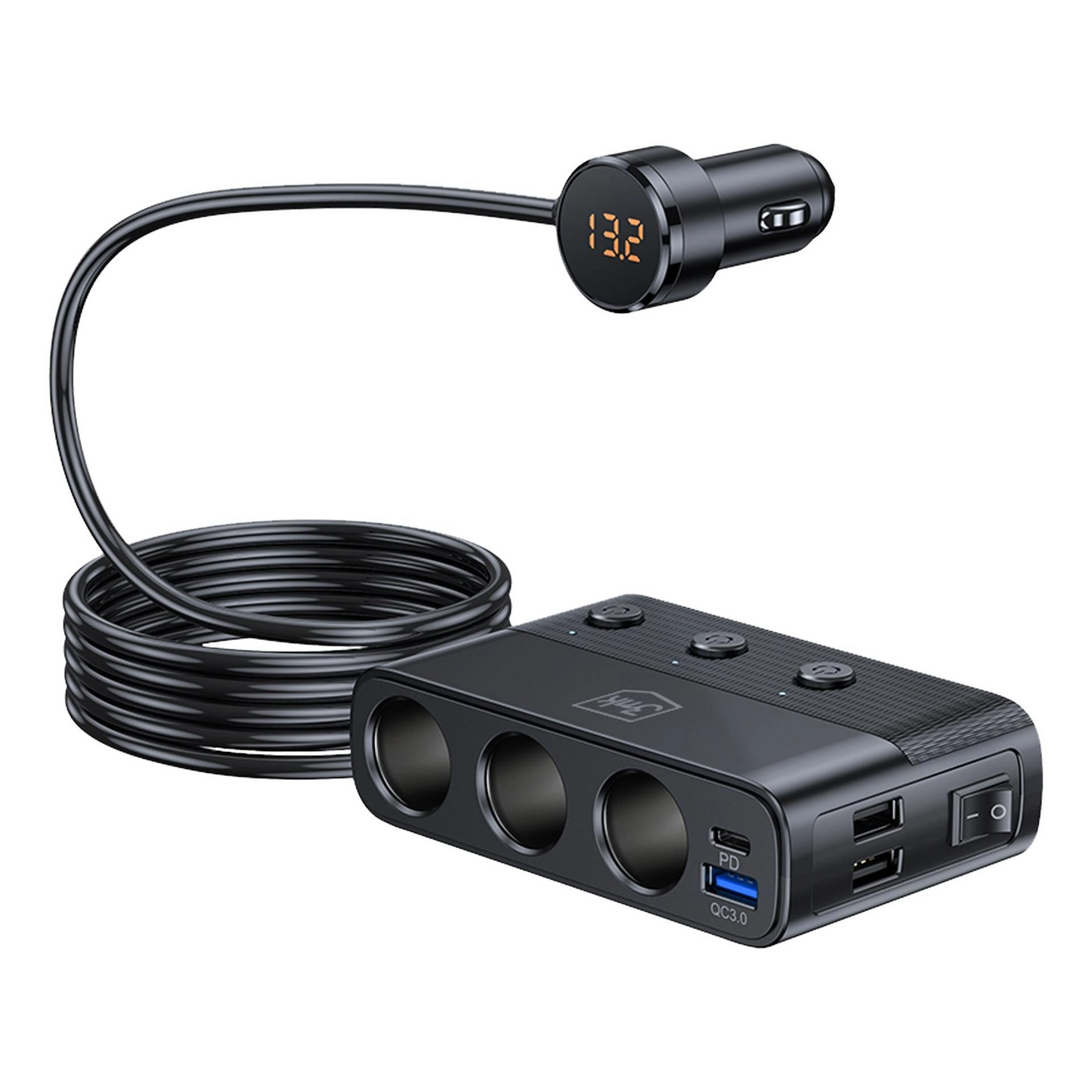Incarcator Auto 3MK Power Splitter, 120W, 3A, 3 x USB-A - 1 x USB-C - 3 x Extensie Bricheta, Negru