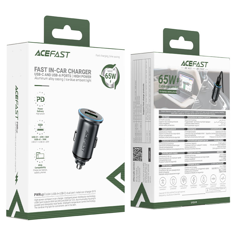 Incarcator Auto Acefast B15, 65W, 3.25A, 1 X USB-A - 1 x USB-C, Gri