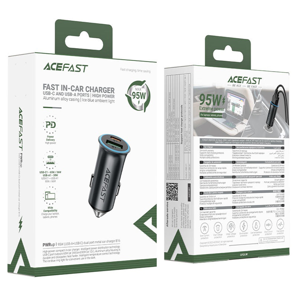 Incarcator Auto Acefast B16, 95W, 3.25A, 1 x USB-A - 1 x USB-C, Gri