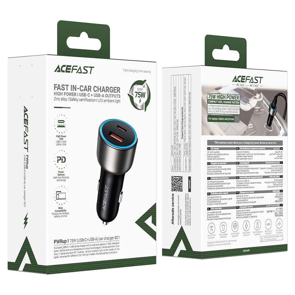 Incarcator Auto Acefast B21, 75W, 3A, 1 x USB-A - 1 x USB-C, Gri