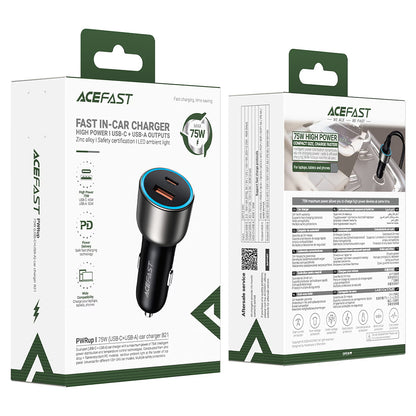 Incarcator Auto Acefast B21, 75W, 3A, 1 x USB-A - 1 x USB-C, Gri