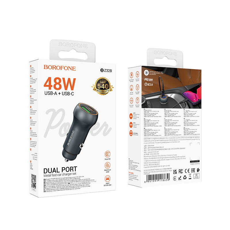 Incarcator Auto Borofone BZ32B Fresh, 48W, 3A, 1 x USB-A - 1 x USB-C, Gri