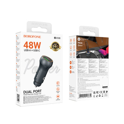 Incarcator Auto Borofone BZ32B Fresh, 48W, 3A, 1 x USB-A - 1 x USB-C, Gri