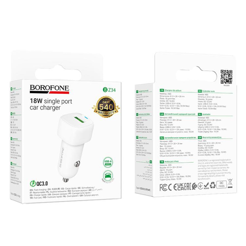 Incarcator Auto Borofone BZ34 Cloud, 18W, 3A, 1 x USB-A, Alb