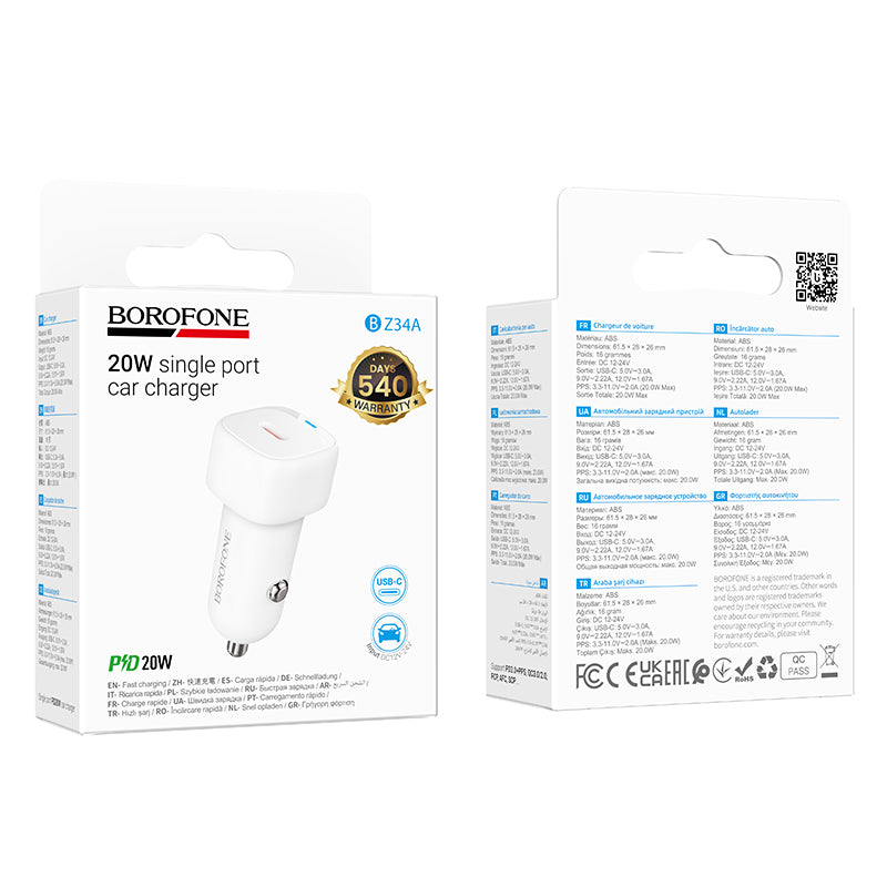 Incarcator Auto Borofone BZ34A Cloud, 20W, 3A, 1 x USB-C, Alb