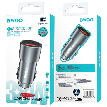 Incarcator Auto BWOO BO-CC73, 38W, 3A, 1 x USB-A - 1 x USB-C, Argintiu