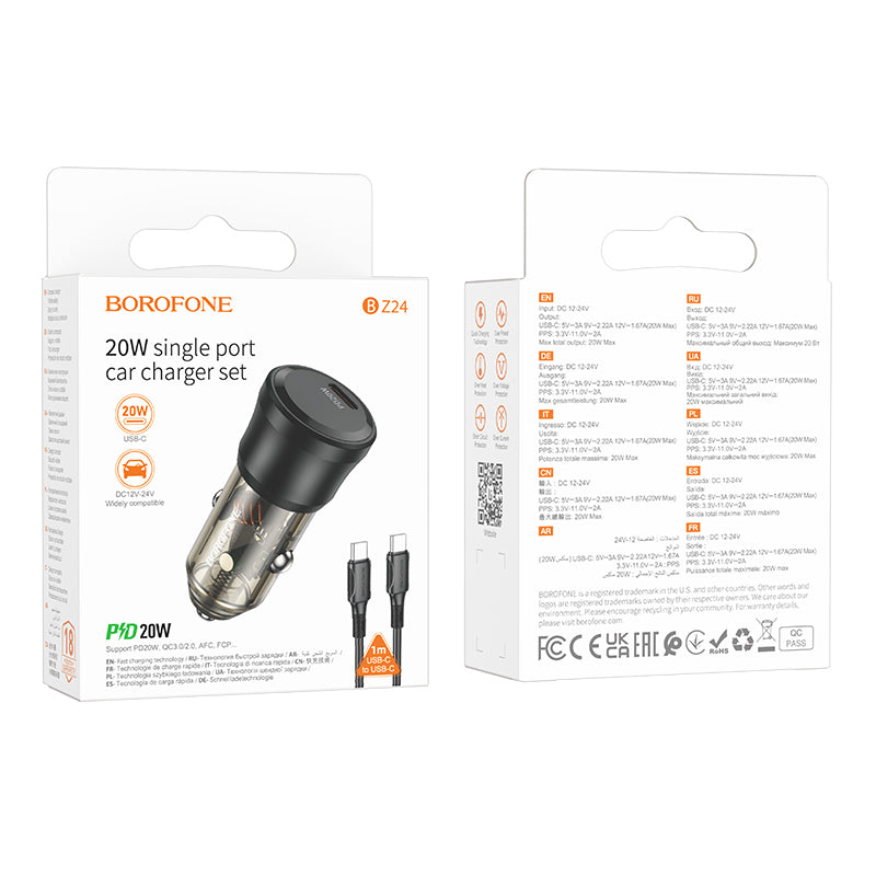Incarcator Auto Cu Cablu USB-C Borofone BZ24 Clever, 20W, 3A, 1 x USB-C, Negru