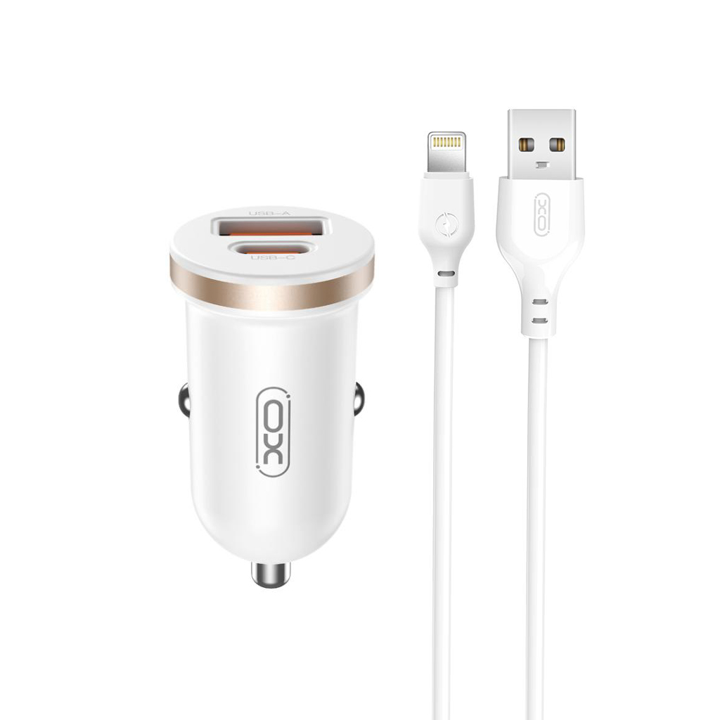 Incarcator Auto Cu Cablu Lightning XO Design CC56, 30W, 3A, 1 x USB-A - 1 x USB-C, Alb