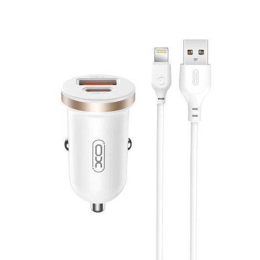 Incarcator Auto Cu Cablu Lightning XO Design CC56, 30W, 3A, 1 x USB-A - 1 x USB-C, Alb