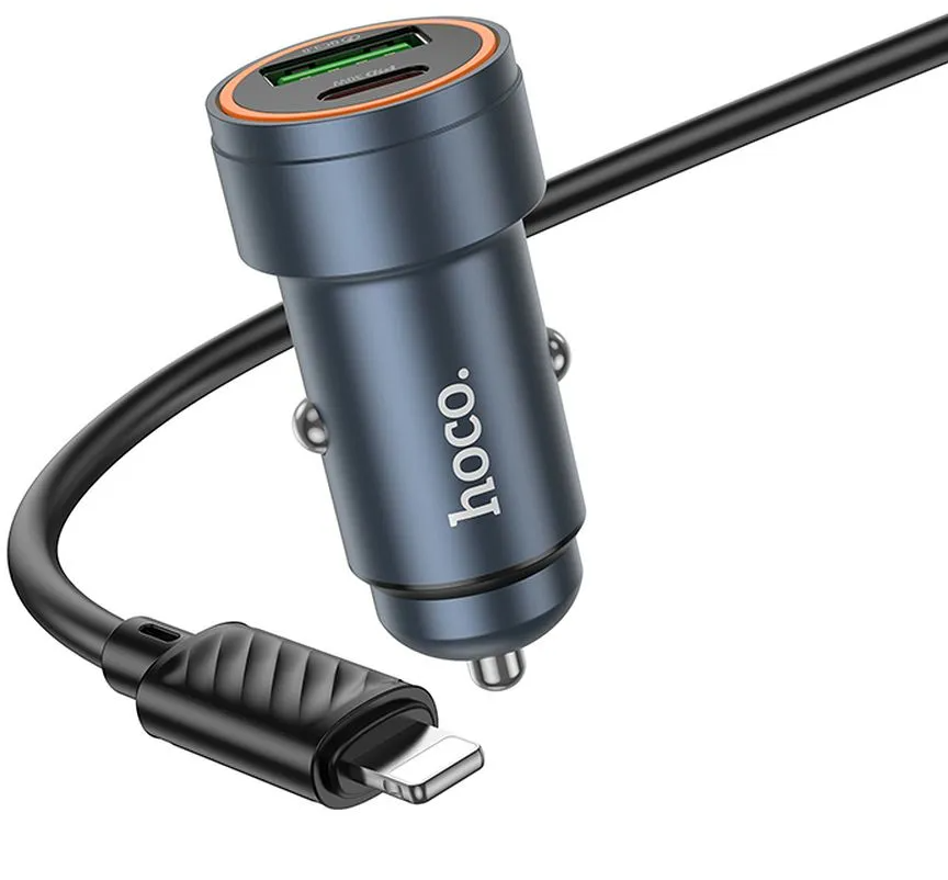 Incarcator Auto Cu Cablu Lightning HOCO Z57A, 30W, 3A, 1 x USB-A - 1 x USB-C, Gri
