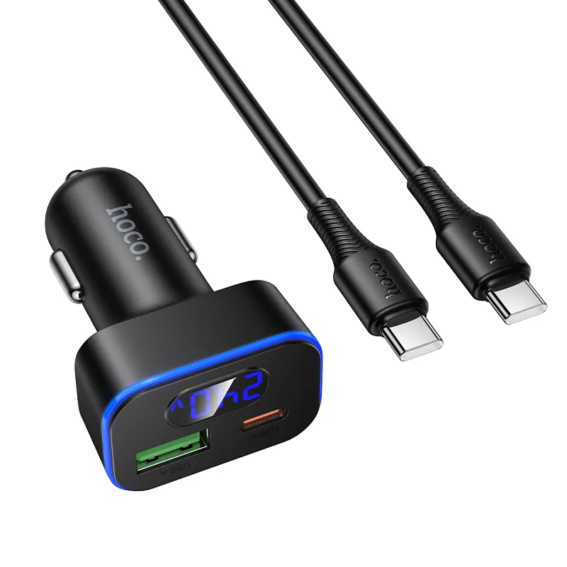 Incarcator Auto Cu Cablu USB-C HOCO Z63B Display, 48W, 3A, 1 x USB-A - 1 x USB-C, Negru