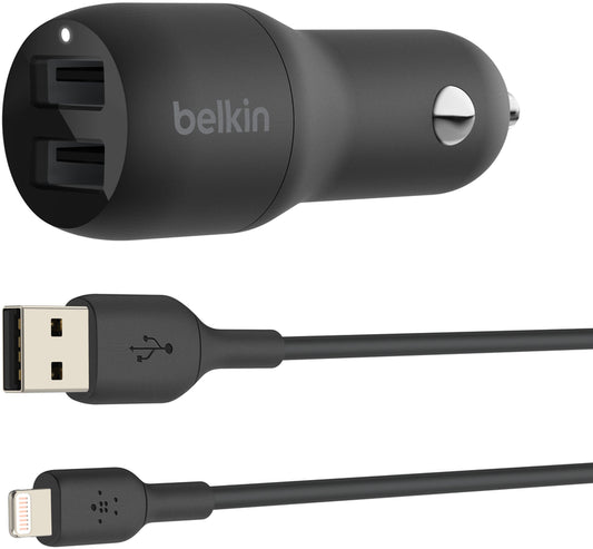Incarcator Auto Cu Cablu Lightning Belkin BoostCharge Dual, 24W, 2.4A, 2 x USB-A, Negru CCD001bt1MBK