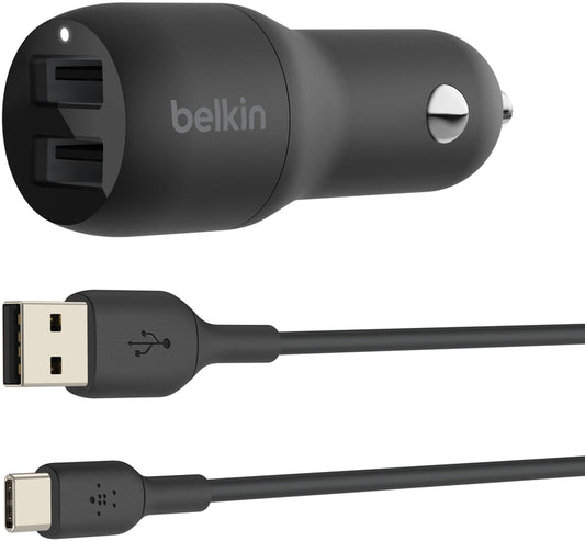 Incarcator Auto Cu Cablu USB-C Belkin BoostCharge Dual, 24W, 2.4A, 2 x USB-A, Negru CCE001bt1MBK