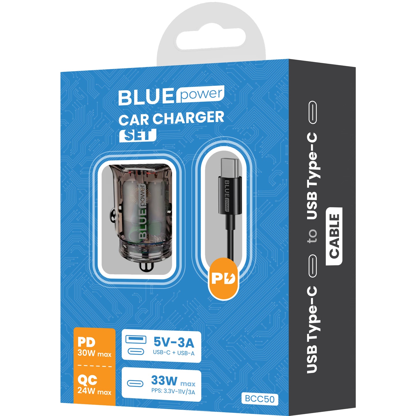 Incarcator Auto Cu Cablu USB-C BLUE Power BCC50, 33W, 3A, 1 x USB-A - 1 x USB-C, Negru