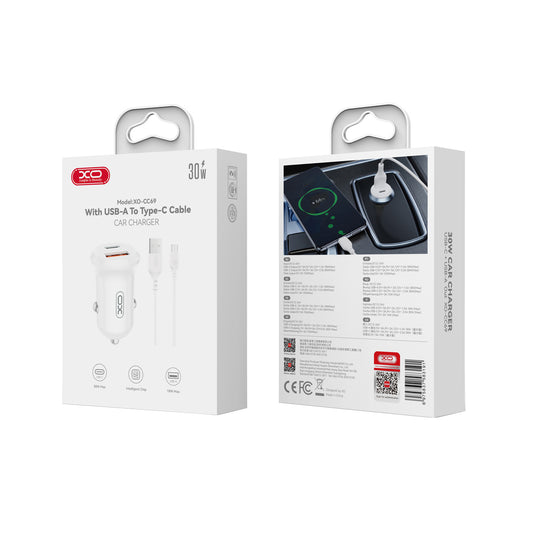 Incarcator Auto Cu Cablu USB-C XO Design CC69, 30W, 3A, 1 x USB-A - 1 x USB-C, Alb