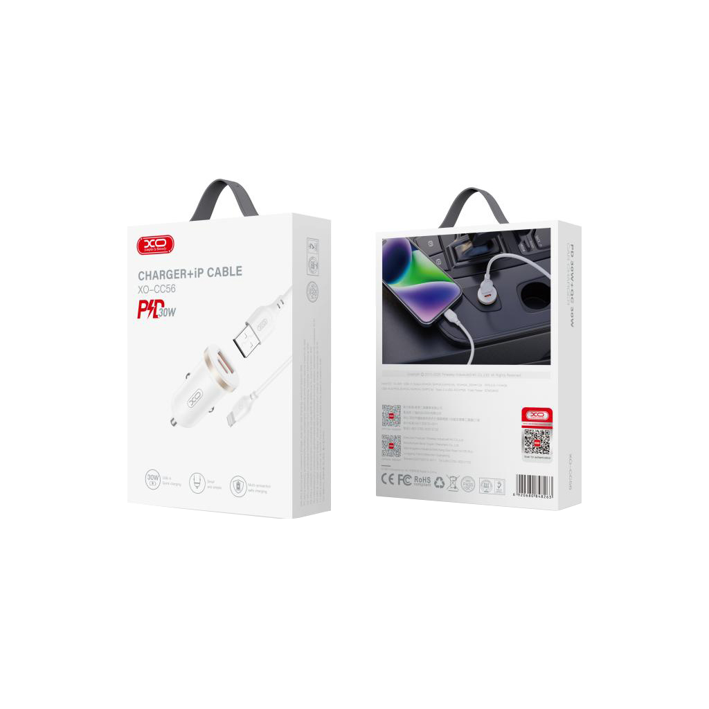 Incarcator Auto Cu Cablu Lightning XO Design CC56, 30W, 3A, 1 x USB-A - 1 x USB-C, Alb