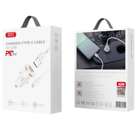 Incarcator Auto Cu Cablu USB-C XO Design CC56, 30W, 3A, 1 x USB-A - 1 x USB-C, Alb