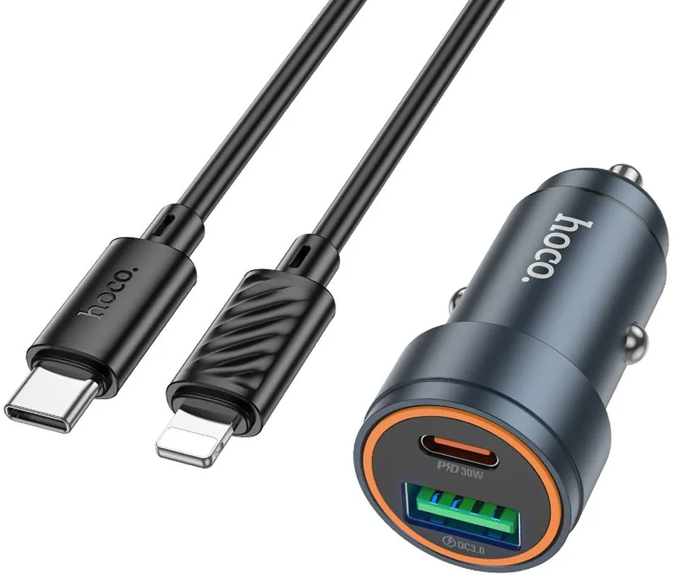 Incarcator Auto Cu Cablu Lightning HOCO Z57A, 30W, 3A, 1 x USB-A - 1 x USB-C, Gri