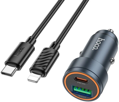 Incarcator Auto Cu Cablu Lightning HOCO Z57A, 30W, 3A, 1 x USB-A - 1 x USB-C, Gri