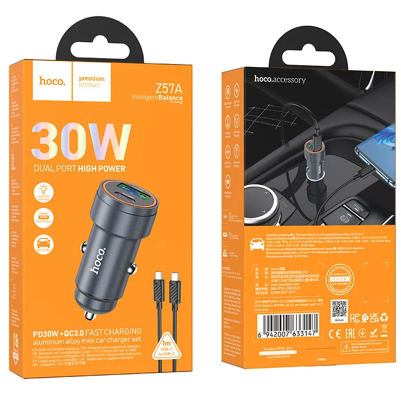 Incarcator Auto Cu Cablu USB-C HOCO Z57A, 30W, 3A, 1 x USB-A - 1 x USB-C, Gri