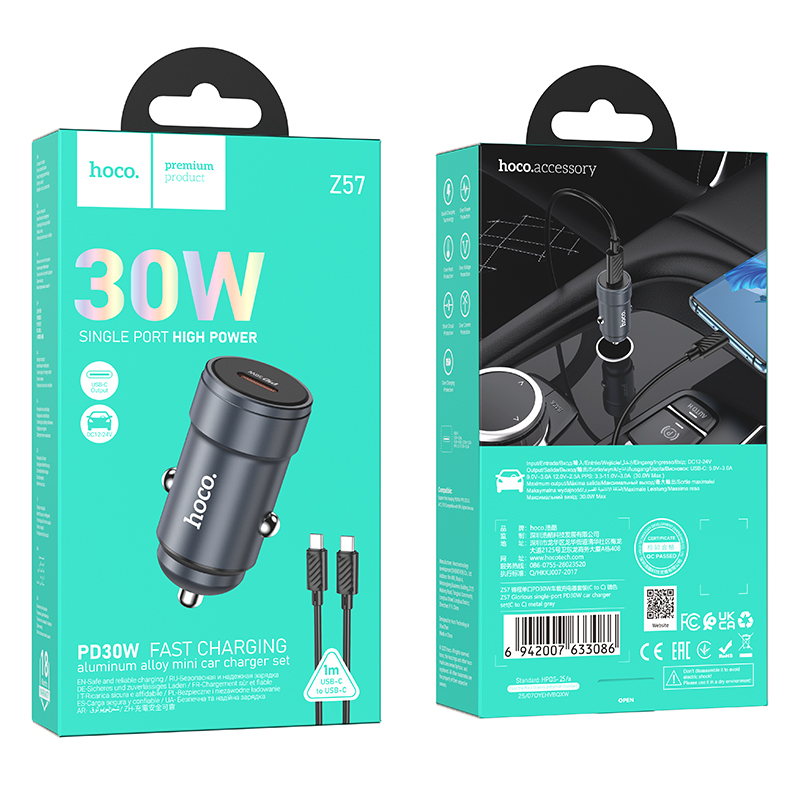 Incarcator Auto Cu Cablu USB-C HOCO Z57, 30W, 3A, 1 x USB-C, Gri