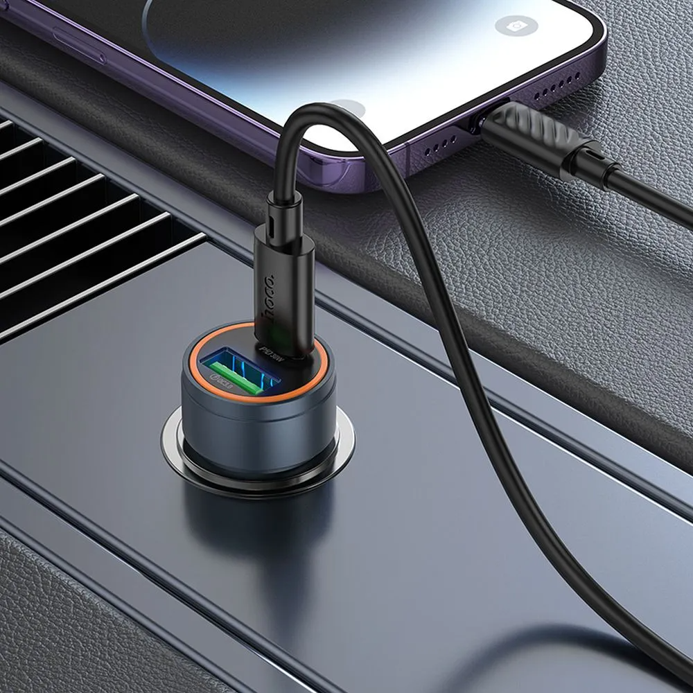 Incarcator Auto Cu Cablu Lightning HOCO Z57A, 30W, 3A, 1 x USB-A - 1 x USB-C, Gri