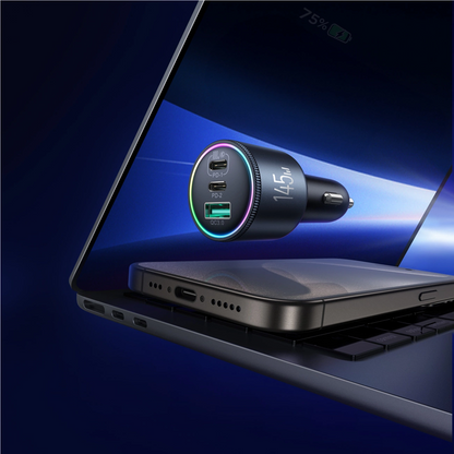 Incarcator Auto Cu Cablu USB-C Joyroom JR-CCN07, 145W, 5A, 1 x USB-A - 2 x USB-C, Gri