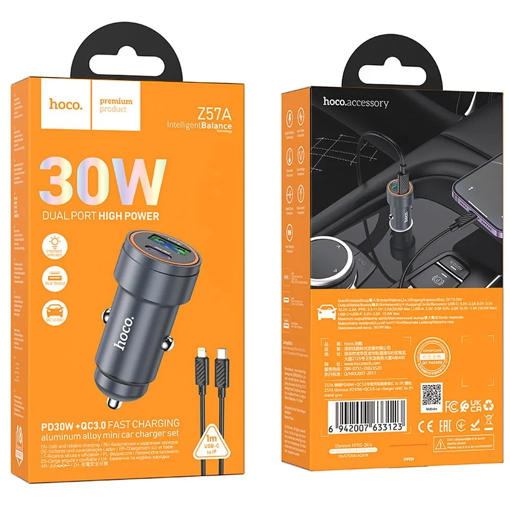 Incarcator Auto Cu Cablu Lightning HOCO Z57A, 30W, 3A, 1 x USB-A - 1 x USB-C, Gri