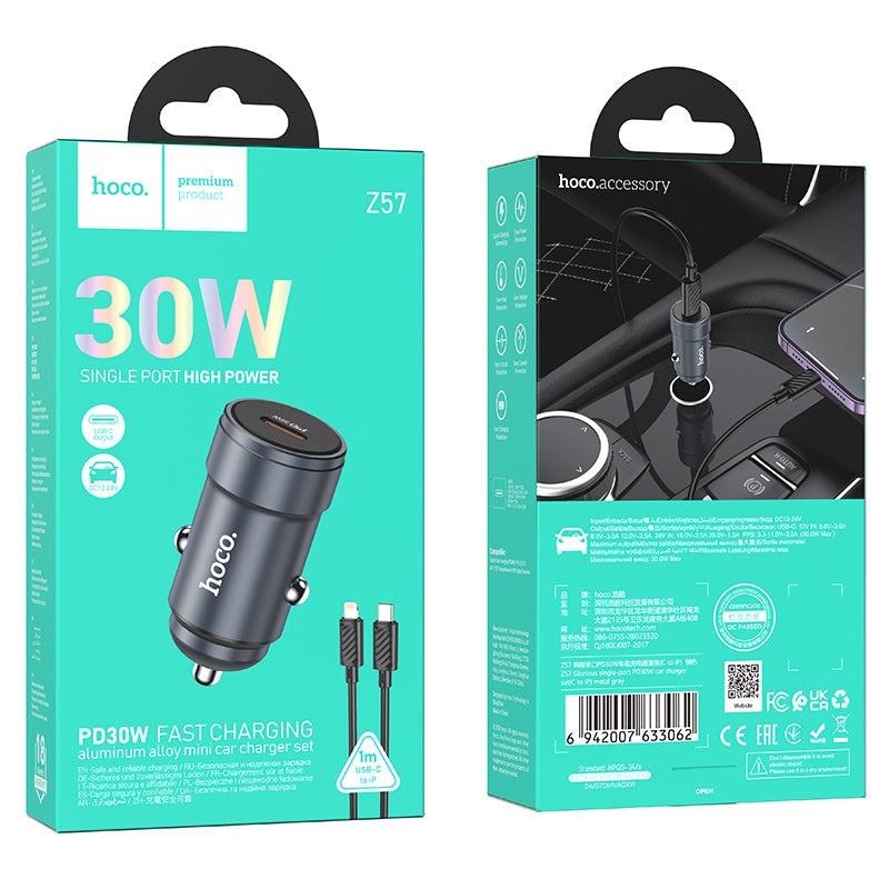 Incarcator Auto Cu Cablu Lightning HOCO Z57, 30W, 3A, 1 x USB-C, Gri