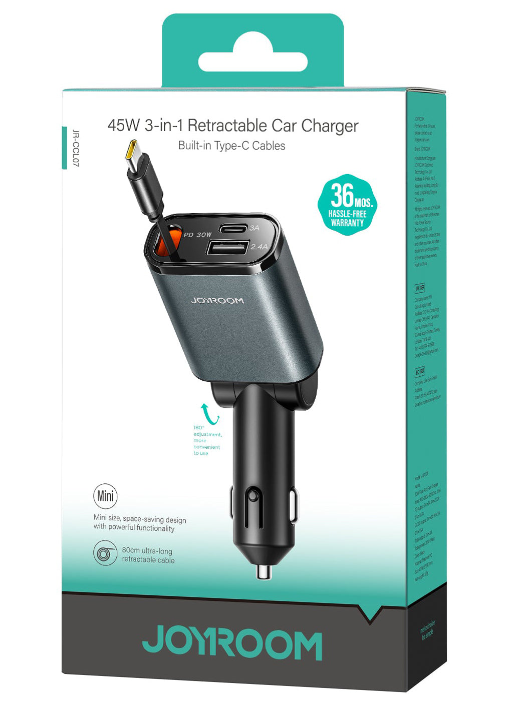 Incarcator Auto Cu Cablu USB-C Joyroom JR-CCL07, 30W, 3A, 1 x USB-A - 1 x USB-C, Gri