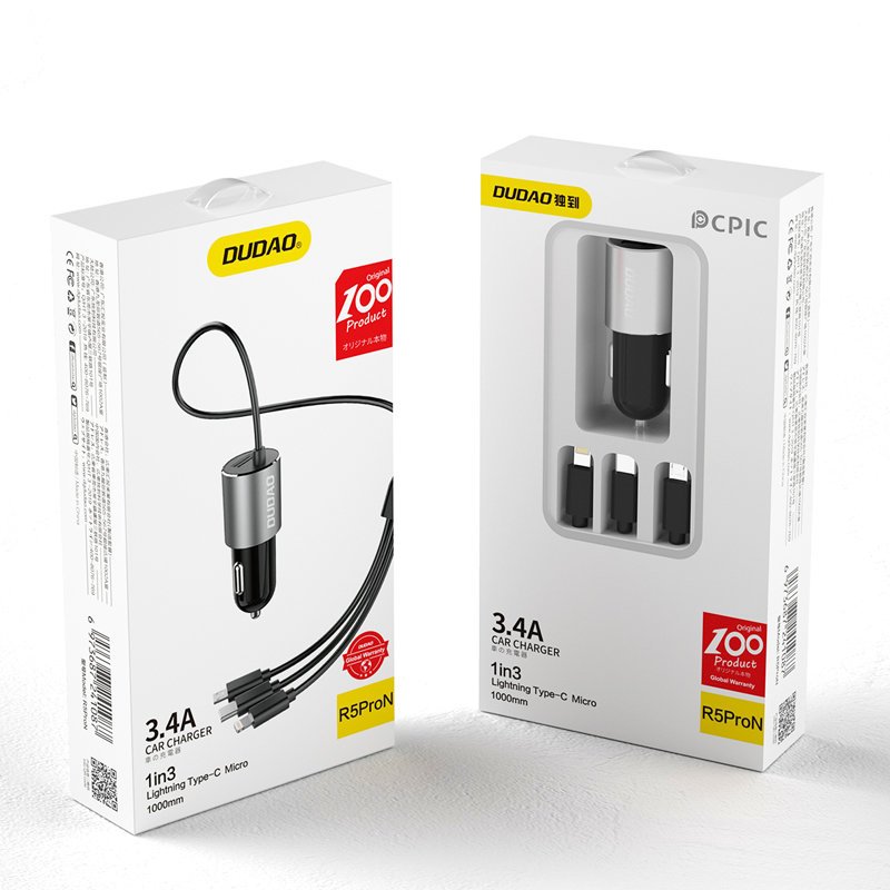 Incarcator Auto Cu Cablu Lightning / microUSB / USB-C Dudao R5ProN, 17W, 3.4A, 1 x USB-A, Negru