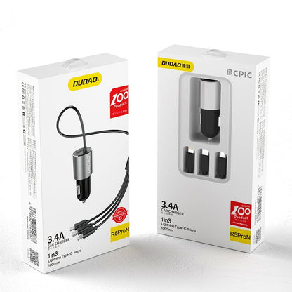 Incarcator Auto Cu Cablu Lightning / microUSB / USB-C Dudao R5ProN, 17W, 3.4A, 1 x USB-A, Negru