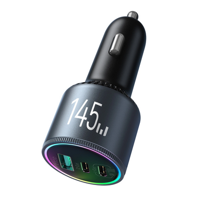Incarcator Auto Cu Cablu USB-C Joyroom JR-CCN07, 145W, 5A, 1 x USB-A - 2 x USB-C, Gri