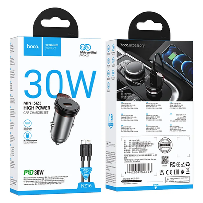 Incarcator Auto Cu Cablu Lightning HOCO NZ16, 30W, 3A, 1 x USB-C, Gri