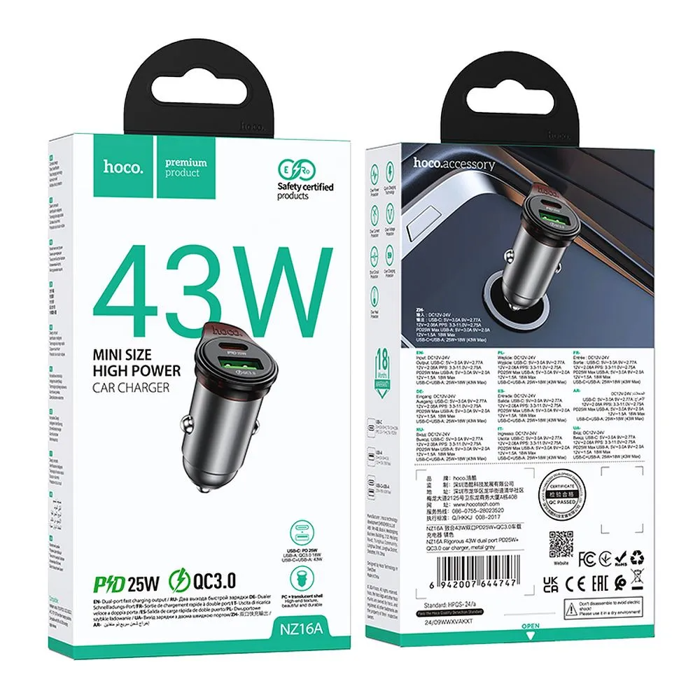 Incarcator Auto Cu Cablu USB-C HOCO NZ16A, 43W, 3A, 1 x USB-A - 1 x USB-C, Gri