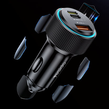 Incarcator Auto Cu Cablu Lightning Yesido Y60, 38W, 3A, 1 x USB-A - 2 x USB-C, Negru