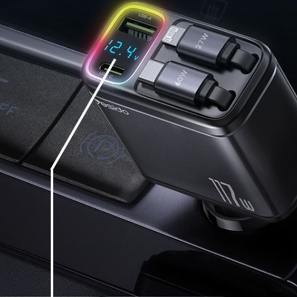 Incarcator Auto Cu Cablu USB-C / Lightning Yesido Y63 Display, 117W, 3A, 1 x USB-A - 1 x USB-C, Gri