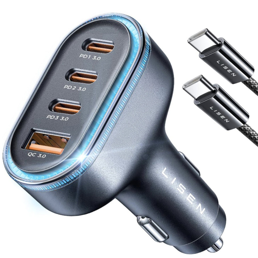 Incarcator Auto Cu Cablu USB-C Lisen, 101W, 3.25A, 1 x USB-A - 3 x USB-C, Negru YL0223120021