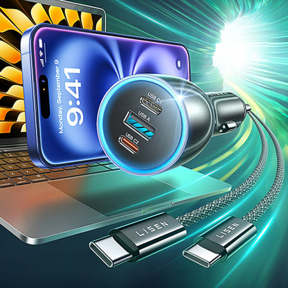 Incarcator Auto Cu Cablu USB-C Lisen, 170W, 5A, 1 x USB-A - 2 x USB-C, Negru YL0224010001
