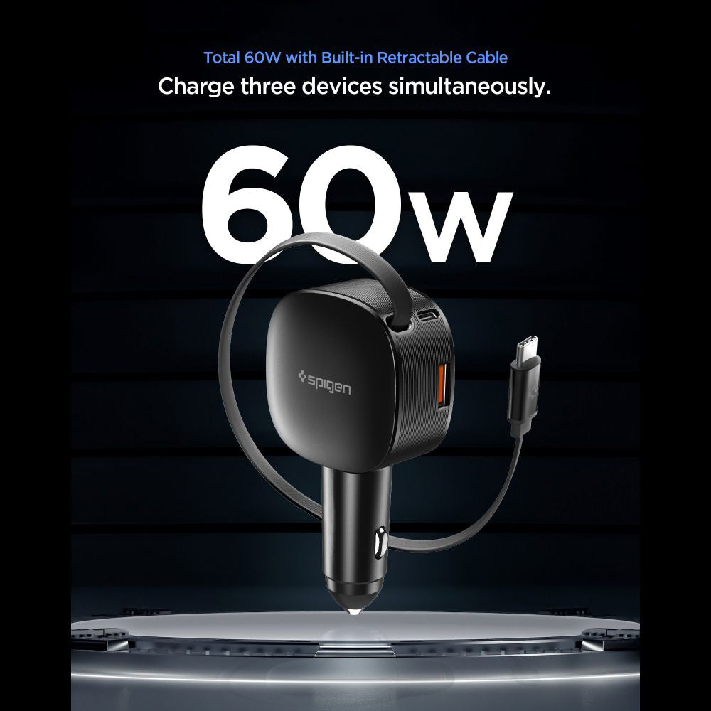 Incarcator Auto Cu Cablu USB-C Spigen EV603BT Essential, 60W, 3A, 1 x USB-A - 1 x USB-C, Negru