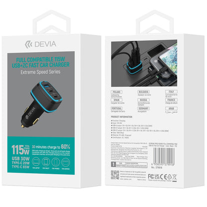 Incarcator Auto DEVIA Extreme, 115W, 3A, 1 x USB-A - 2 x USB-C, Negru
