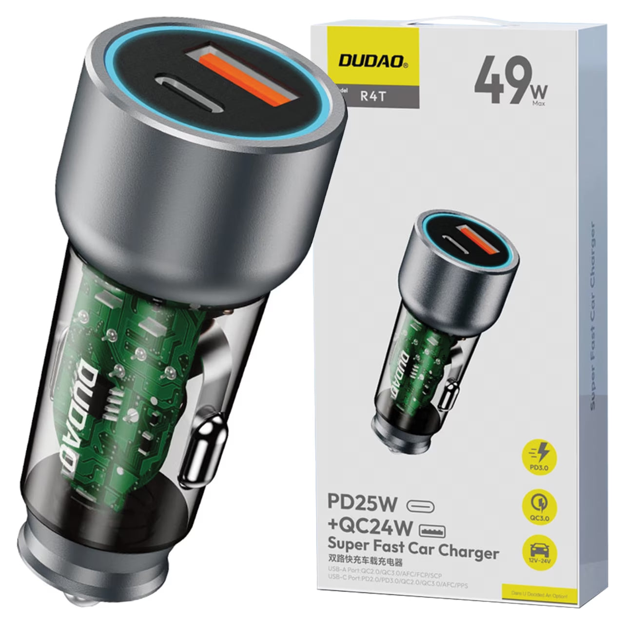 Incarcator Auto Dudao R4T, 30W, 3A, 1 x USB-A - 1 x USB-C, Gri