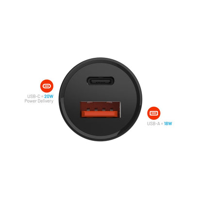 Incarcator Auto Fixed, 20W, 3A, 1 x USB-A - 1 x USB-C, Negru