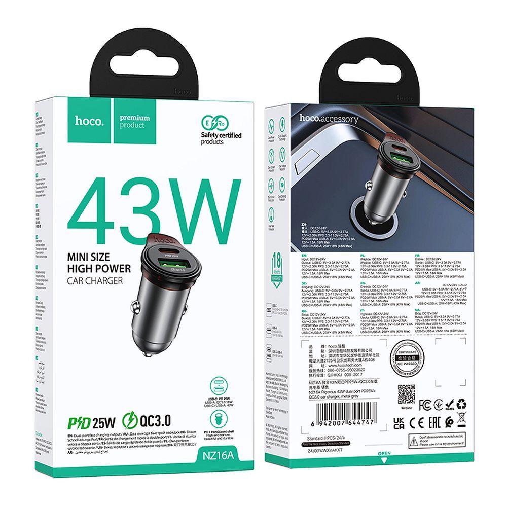 Incarcator Auto HOCO NZ16A, 43W, 3A, 1 x USB-A - 1 x USB-C, Gri